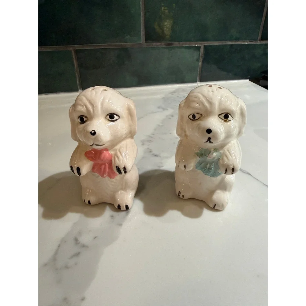 Vintage Ceramic Puppy Dog Salt and Pepper Shakers White Pink Blue Bows Set of 2